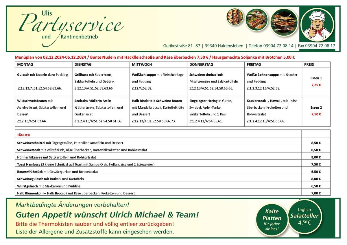 Ulis Partyservice Haldensleben Menueplan vom 02.12.2024-06.12.2024 Download als PDF Dokument