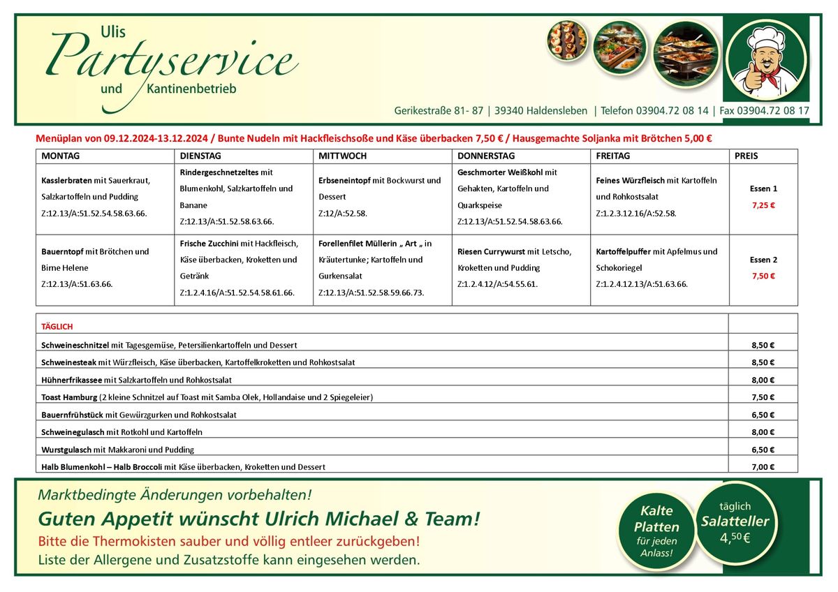 Ulis Partyservice Haldensleben Menueplan vom 09.12.2024-13.12.2024 Download als PDF Dokument