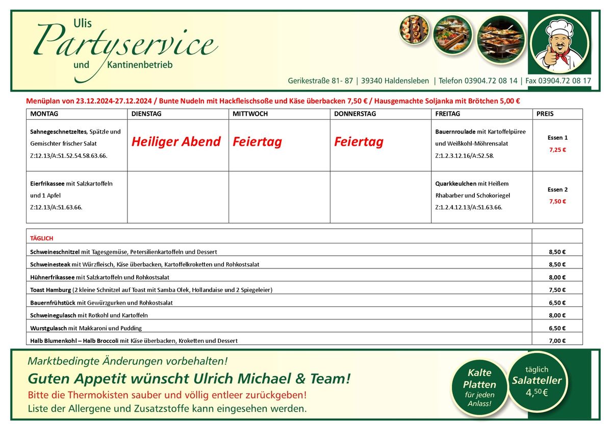 Ulis Partyservice Haldensleben Menueplan vom 23.12.2024-27.12.2024 Download als PDF Dokument