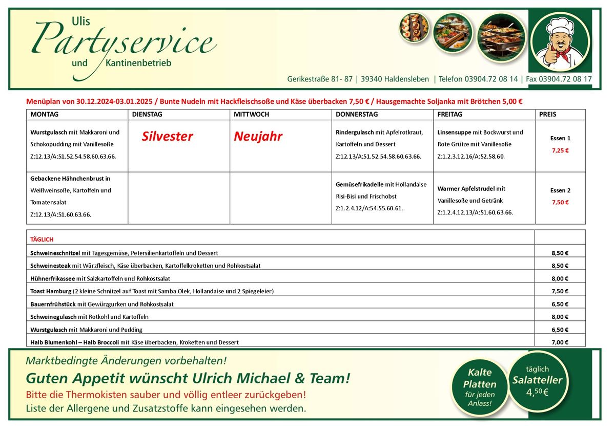 Ulis Partyservice Haldensleben Menueplan vom 30.12.2024-03.01.2025 Download als PDF Dokument