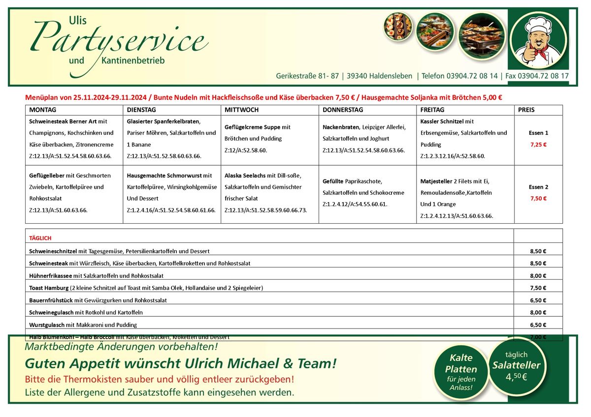 Ulis Partyservice Haldensleben Menueplan vom 25.11.2024-29.11.2024 Download als PDF Dokument