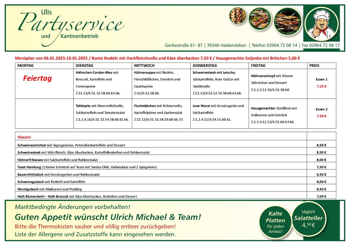 Ulis Partyservice Haldensleben Menueplan vom 06.01.2025-10.01.2025 Download als PDF Dokument